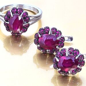 925 Sterling Silver Earrings & Ring Sz 8.75 (set) with Natural Ruby Gemstone